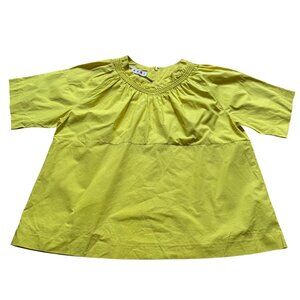 Marni Size M Yellow 100% Cotton Short Sleeve Smocked Neck Relaxed Fit Blouse